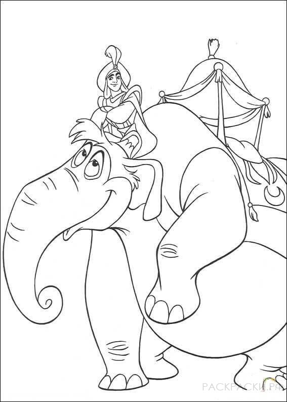 Раскраска "Аладдин едет на слоне"